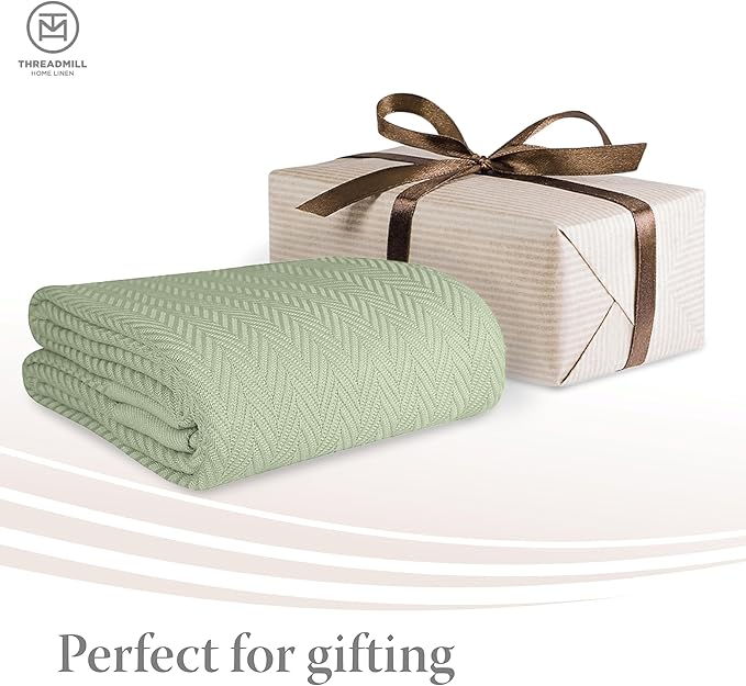 Threadmill Luxury Cotton King Size Blanket | All-Season Cozy Cotton Blankets for King Size Bed | Herringbone Soft Fall Thermal Blanket fits California King Size Bed 106 x 92 | Sage Green