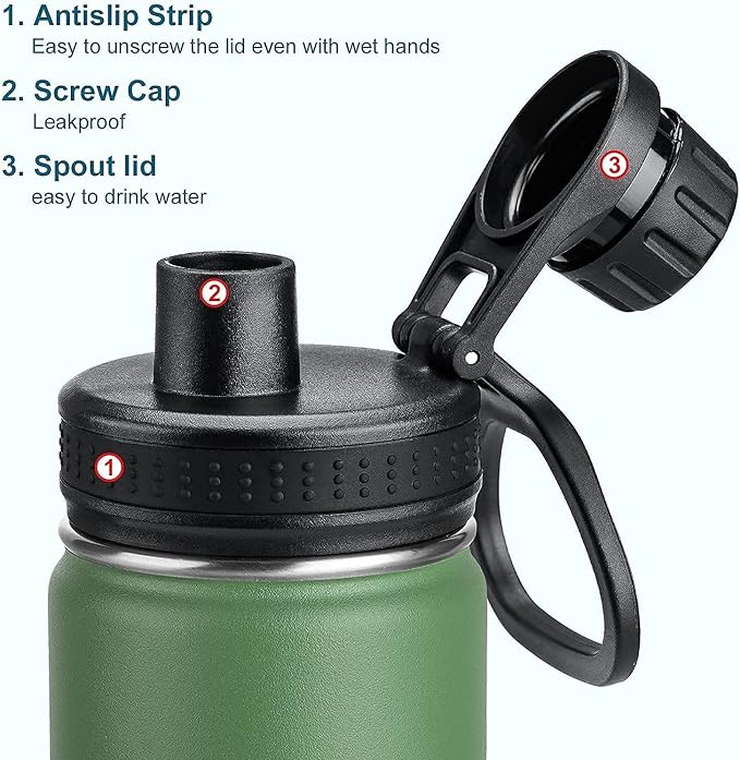 koodee Insulated Water Bottle, 18 oz Stainless Steel Double Wall Vacuum Wide Mouth Sport Bottle with Leakproof Spout Lid (Grass Green)