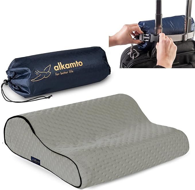 alkamto Travel & Camping Comfortable Memory Foam Pillow – Easy to Carry Portable Bag – Temperature Regulating Pillow Case (Grey Contour)