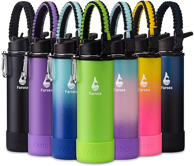 Farsea Insulated Water Bottle With Paracord Handle, Protective Boot and 2 Lids (Straw Lid & Spout Lid), Stainless Steel Water Bottle Wide Mouth, Double Wall Sweat-Proof BPA-Free, 24 oz