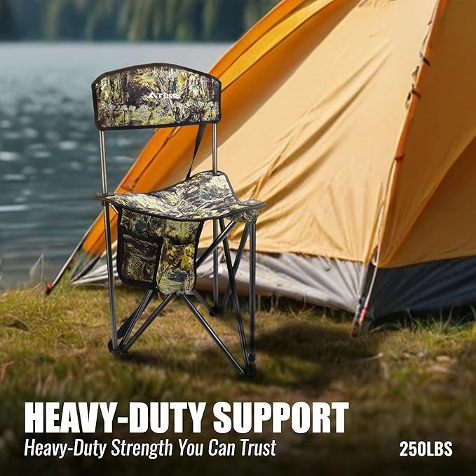 FLISSA Tripod Hunting Chair with Backrest, Portable Hunting Stool Supports 250 LBS, Foldable Camo Seat with Carry Strap for Hunting, Hiking, Fishing and Camping