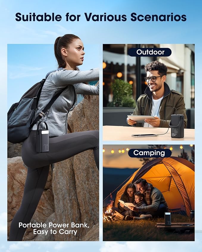 Portable Charger 70000mAh Power Bank, 22.5W Fast Charging USB C Battery Pack, 3 Outputs, LED Display, LED Light, External Cell Phone Huge Capacity Battery Bank for iPhone, Samsung, iPad, Camping