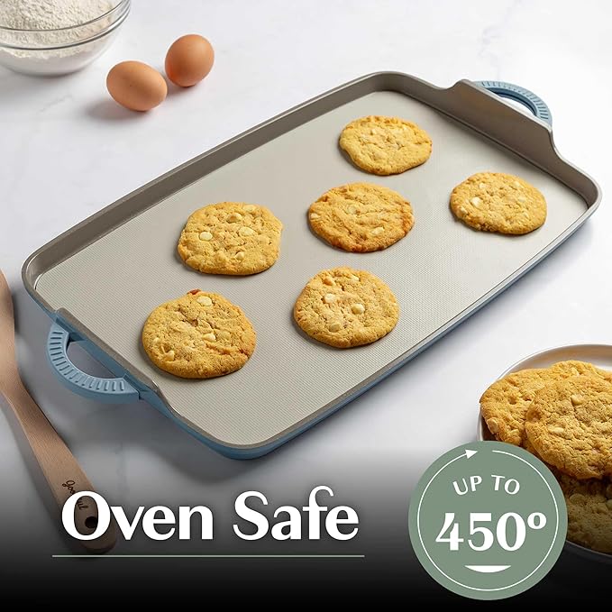 Goodful All-in-One Double Burner Griddle, Ceramic Nonstick, Durable Cast Aluminum, Oven Safe and Dishwasher Safe, Made without PFAS, PFOA, PFOS & PTFE, 18-Inch x 11-Inch, Blue Mist