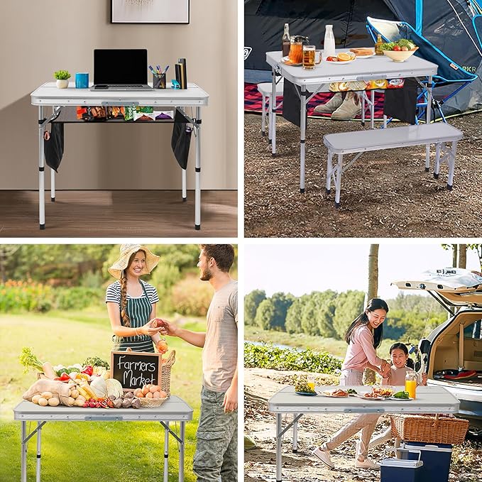 Nice C Folding Picnic Table, Portable Picnic Table, Folding Table with Bench, Outdoor Table and Chairs, Hole for Umbrella, Mesh net Storage, Backyard, Party, Outdoor, Lawn