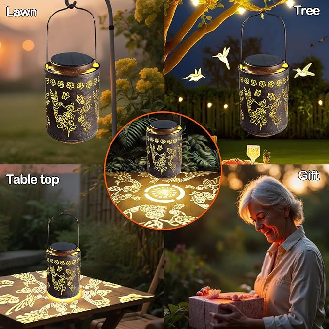 Upgraded Solar Hummingbird Lights for Outside Garden Decor Gifts for Women Mom Grandma, Metal Hanging Solar Lanterns Outdoor Waterproof with Copper Finish Lantern for Patio, Yard, Porch, Pathway