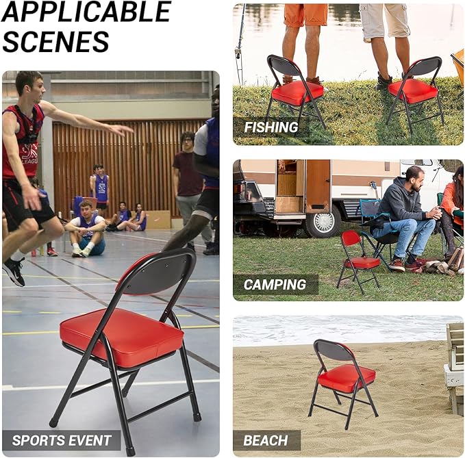Mini Padded Folding Chairs, Garage Stool, Portable Camping Chair with Cushion, Lightweight Lawn Chair, for Outdoor Sports Events, Patio, Fishing, Hiking, Hunting, Picnic, Beach, Red