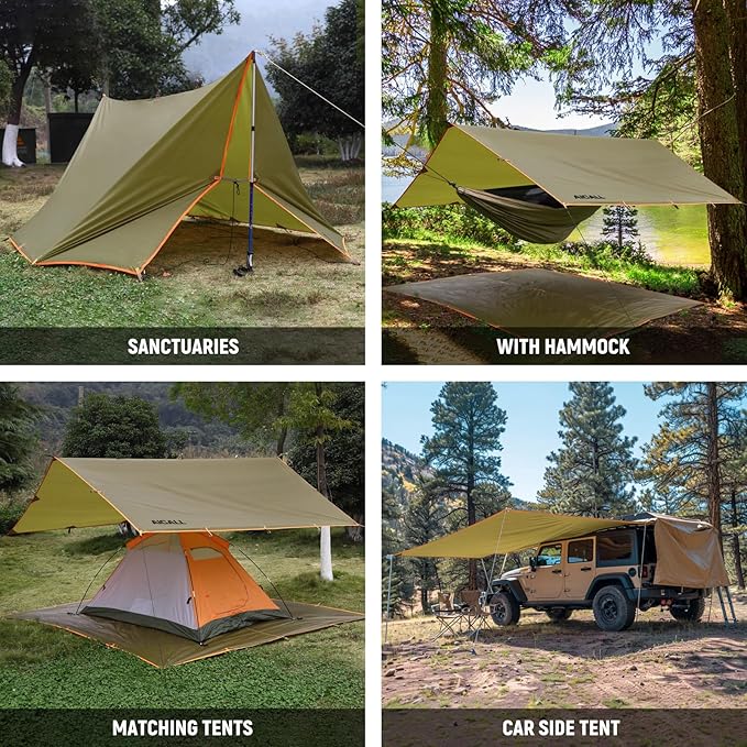 Waterproof Camping Tarp 10 x 10ft Survival Tent Backpacking Portable Tarp Multifunctional Anti-UV Shelter for Outdoor (Olive Green)
