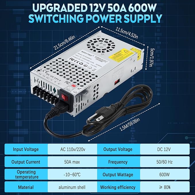 Upgraded 12V DC Power Supply 600W 50A AC to DC Converter Switching Power Supply for Led Strip, Motor Pump, CCTV, 3D Printer, Electronic Instruments, Lab Computer