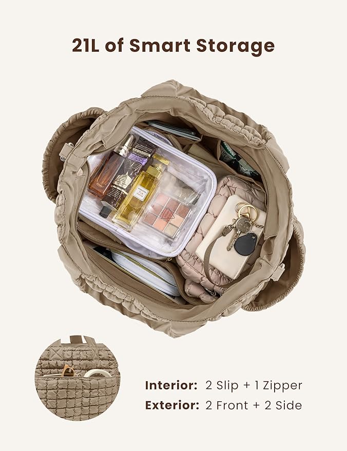 Yarnic Large Puffer Tote Bag for Women, Puffy Shoulder Handbag Quilted Tote Bag with 7 Pockets for Travel Work Gym