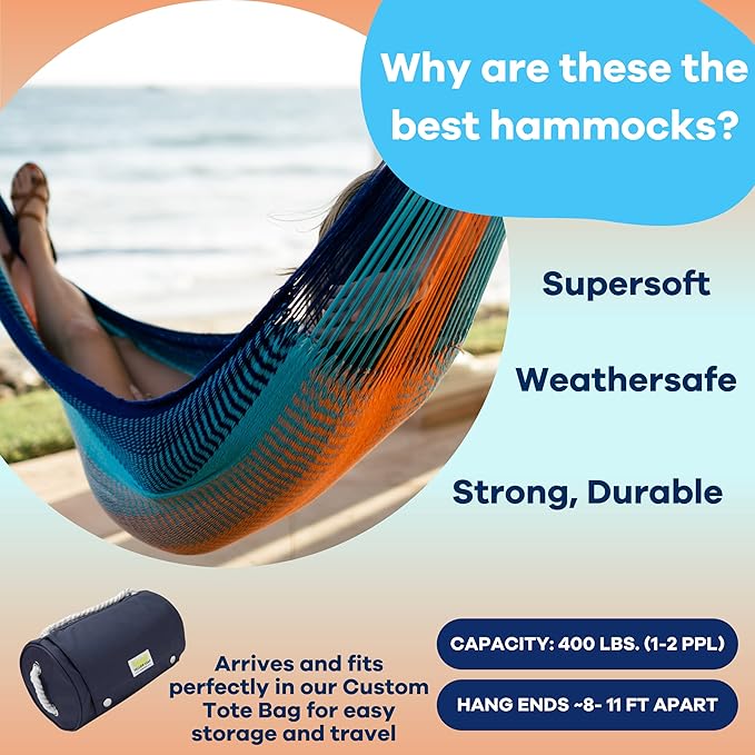 Handwoven Hammock by Yellow Leaf Hammocks - Double Size, Fits 1-2 PPL, 400lb max - Weathersafe, Super Strong, Easy to Hang, Ultra Soft, Artisan Made - Color: Blue - Orange