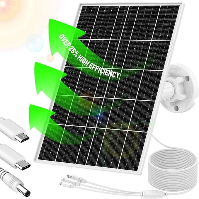 8W Solar Panel for Security Camera, Micro USB & USB-C & DC Ports High Conversion Rate Solar Panel for Built-in Rechargeable Battery Outdoor Cameras, Waterproof & Fast Charging & 360° Freely Adjustable