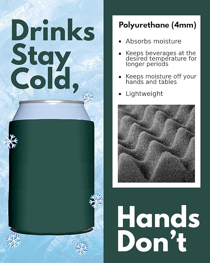 PartyPrints 25 Pack Hunter Green Blank Can Cooler Sleeves, Customizable Bulk Insulated Foam for Beer, Collapsible Plain Drink Holder, Cold Soda Insulator, 12oz Regular, 16oz Tall Cans