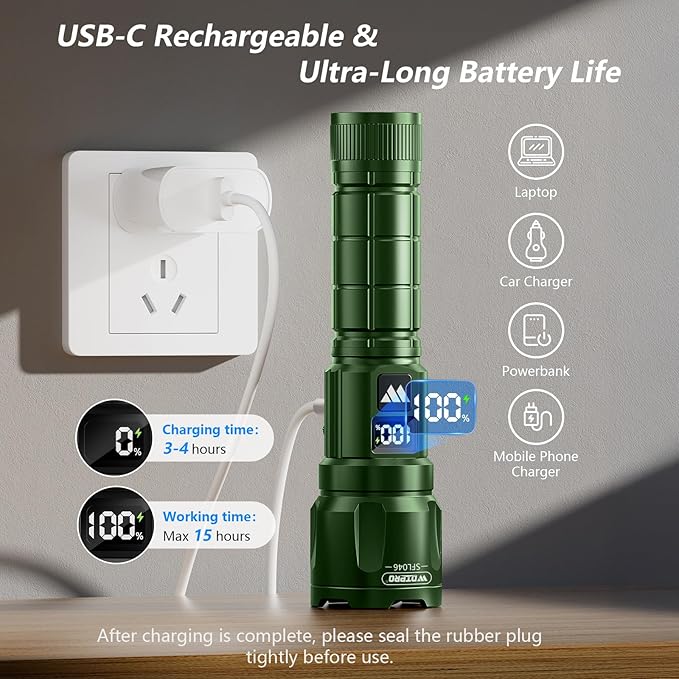 WdtPro LED Rechargeable Flashlight 2 Pack, Super Bright Zoomable 6000 Lumens Tactical Flashlight with LCD Digital Display, 3 Mode Waterproof Flash Light for Camping, Hunting & Home Emergency - Green