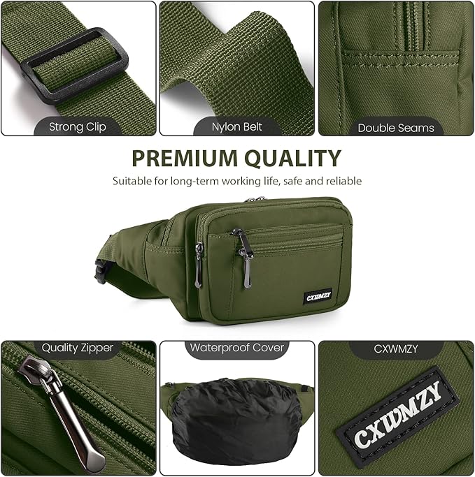 CXWMZY Fanny Packs For Women & Men Waist Pack Hip Bum Bag with Multi-Pockets Large Capacity Waterproof Casual Bum Bag for Disney Traveling Casual Cycling Running Hiking (Army Green)