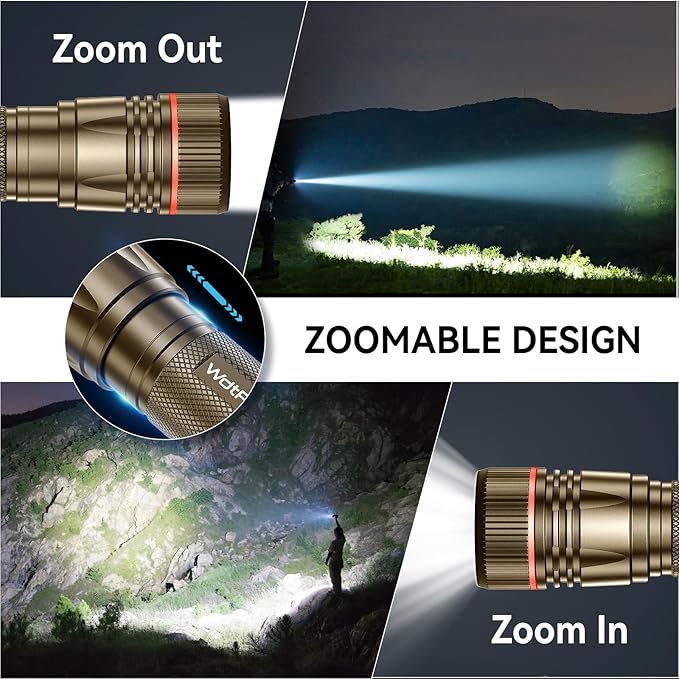 WdtPro Rechargeable Flashlights High Lumens, 2 Pack 10H Long Lasting Super Bright EDC Flashlight, LED Mini Tactical Flash Lights for Camping Emergency, Drop & Water Resistant Brown(Battery Included)