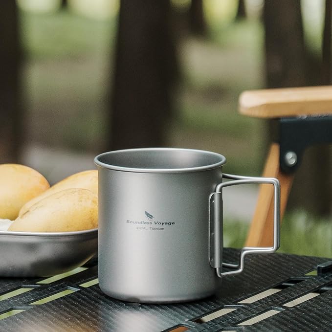 Titanium Coffee Mug Titanium Pots Titanium Cup with Foldable Handle Outdoor Camping Water Mug Tableware 14.3oz/420ml Ti1518B