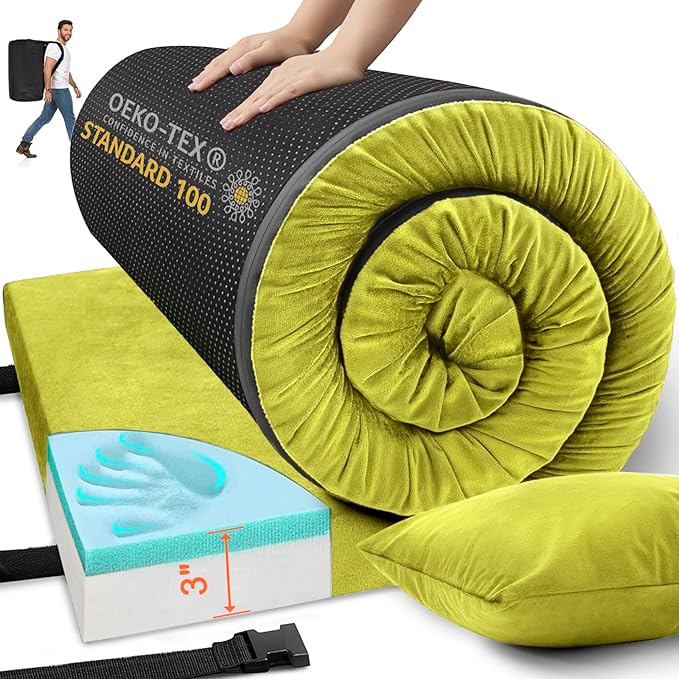 Memory Foam Camping Mattress Sleeping Pad, 3" Thick Waterproof Portable Roll Up Sleeping Mats & Floor Mattress Pad with Pillow + Travel Bag for Camping Car Truck SUV Tent Sleepover Kids Adult
