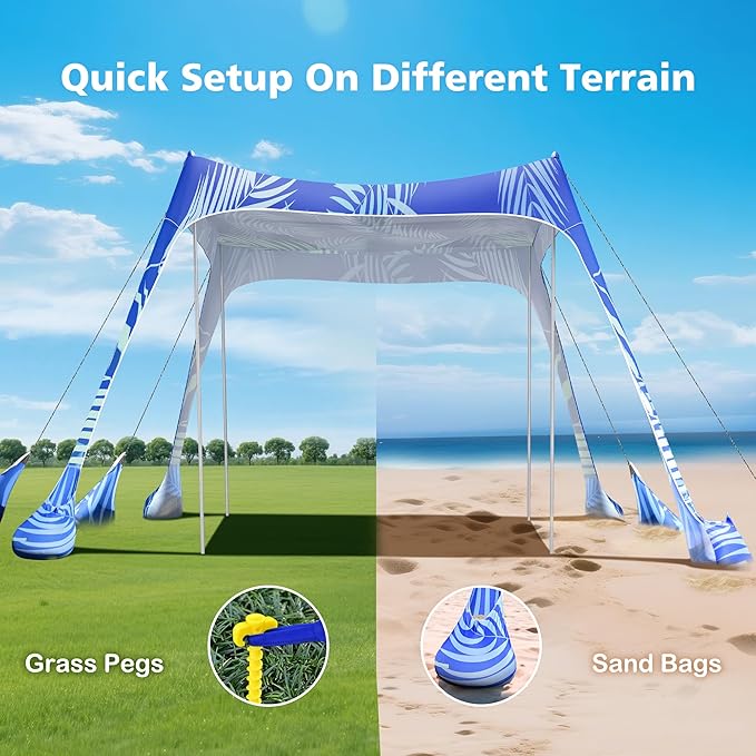 2PM SPORTS Beach Tent Canopy with UPF50+ UV Protection, Outdoor Large Beach Sun Shade Shelter for Family Picnic Camping Travel Shore Fishing, 8 Sandbags, Sand Shovel (Areca Palm, 8x8 FT)
