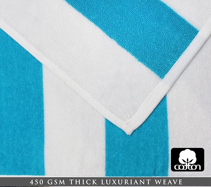 COTTON CRAFT Oversized Beach Towel - 2 Pack 35 x 70 inches XL Beach Towel - 100% Cotton Velour - Big & Huge - Thick Plush 450 GSM Super Soft Luxury Towel - Pool Picnic Bath - Cabana Stripe Aqua