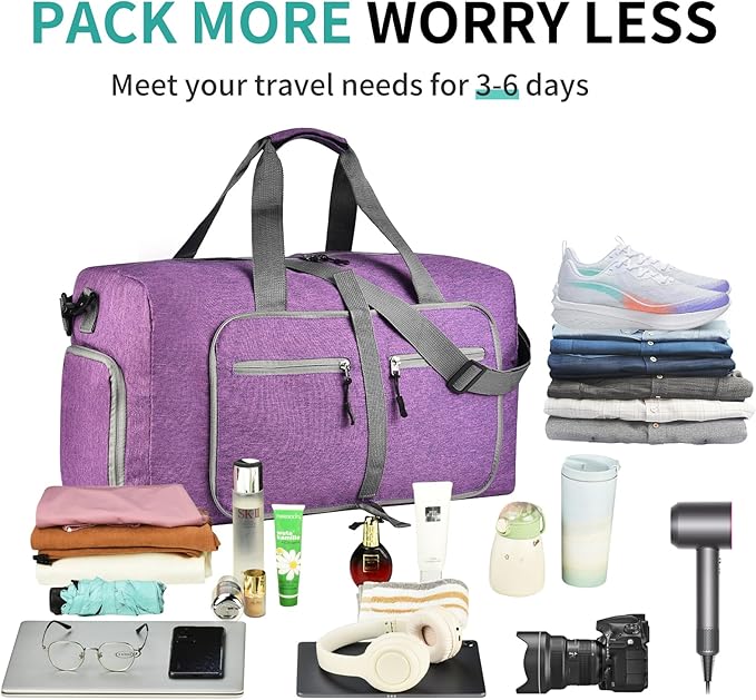 Dimayar 40L Travel Duffle Bag for Men Women - Foldable Duffel Bag with Shoes Compartment - Overnight Bags Waterproof & Tear Resistant(Purple)