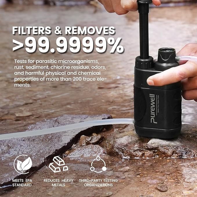 Purewell Water Purifier Pump with Replaceable Carbon 0.01 Micron Water Filter, 4 Filter Stages, Portable Outdoor Emergency and Survival Gear - Camping, Hiking, Backpacking