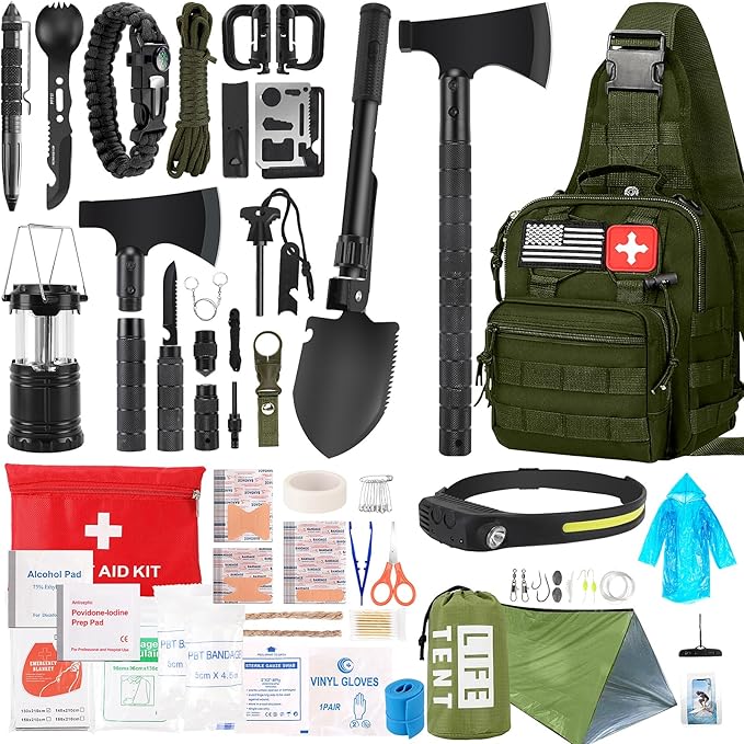 Survival Kit, 268 Pcs Emergency Survival Gear and Equipment Supplies with First Aid Kit, Camping Axe, Headlamp, Tent, Crossbody Bag for Camping Hiking, Hunting, Car, Gift for Christmas Men, Dads, Him