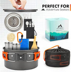 17pcs Camping Cookware Kit, 0.45Gal Pot, 7inches Pan,0.30Gal Kettle Set with 2 Set Stainless Steel Cups Plates Forks Knives Spoons for Hiking