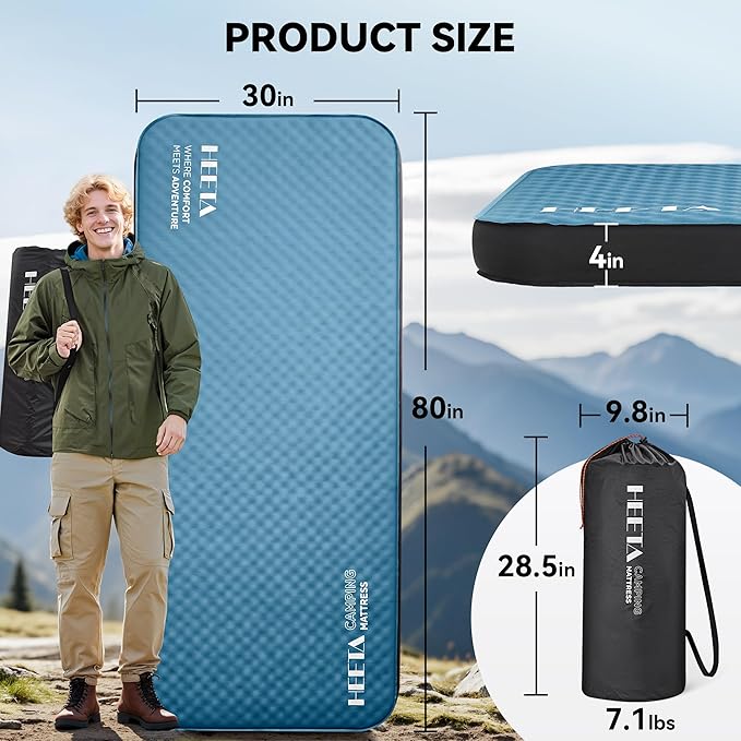 HEETA Self Inflating Sleeping Pad with Electric Pump, 4" Ultra Thick Memory Foam Camping Mattress, 9.5 R-Value Insulated Sleeping Mat, Easy to Inflate & Deflate for Camping Car Travel Tent Cot Bed