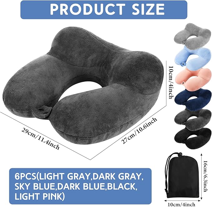 Sintuff 6 Pcs Inflatable Travel Pillow for Airplanes with Compact Bag and Blindfold Soft Velvet Inflatable Neck Pillows for Traveling, Airplane, Train, Car, Office (6 Colors)