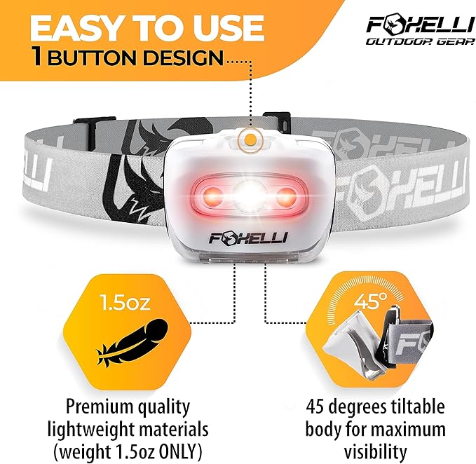 Foxelli LED Headlamp Flashlight for Adults & Kids, Running, Camping, Hiking Head Lamp with White & Red Light, Comfortable Headband, Lightweight & Waterproof, 3 AAA Batteries