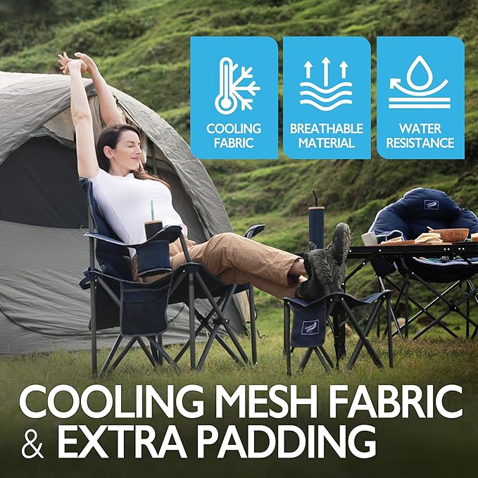 Oversized Folding Camping Chair for Adults, Supports 500 lbs – Breathable Fabric, Insulated Cup Holder, 8-Can Cooler, Padded Backrest & Seat, Storage Pouch, Carry Bag