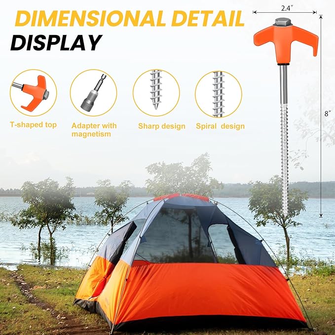 12 Pack 8" Screw in Tent Stakes Heavy Duty- Ground Anchors Screw- Tent Pegs Camping Stakes- Hex Pegs Drillable Tent Stakes and Hexagon Head Drive and Storage Box (Orange)