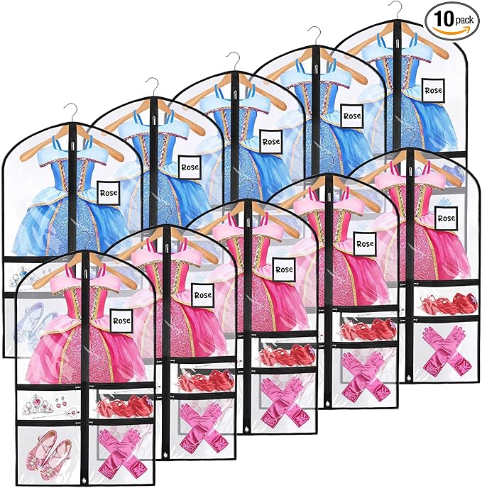 10 Pack Garment Bags for Dance Costumes,40" Kids Clear Garment Bags for Hanging Clothes with 4 Zipper Pocket,Dance Competition Must Haves for Dance Competition, Travel, Closet Storage(Black)