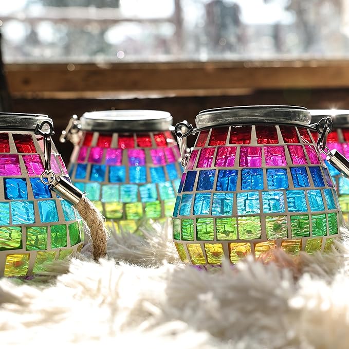 Cooo 4 Pack Mosaic Solar Lantern Outdoor Waterproof IP68 Hanging Projection Light Hidden Lid Pear-Shaped Lantern with Rope Handle Solar Powered Auto On for Patio Garden Fence Table - Neon Mosaic