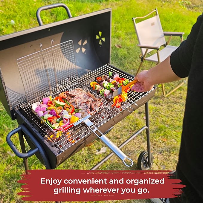 LUSSIER Grilling Basket for Outdoor Grill – Large Foldable Stainless Steel Barbeque Basket with Removable Handle, Skewers & Basting Brush Non-Stick BBQ Grill Basket for Veggies, Fish & Shrimps