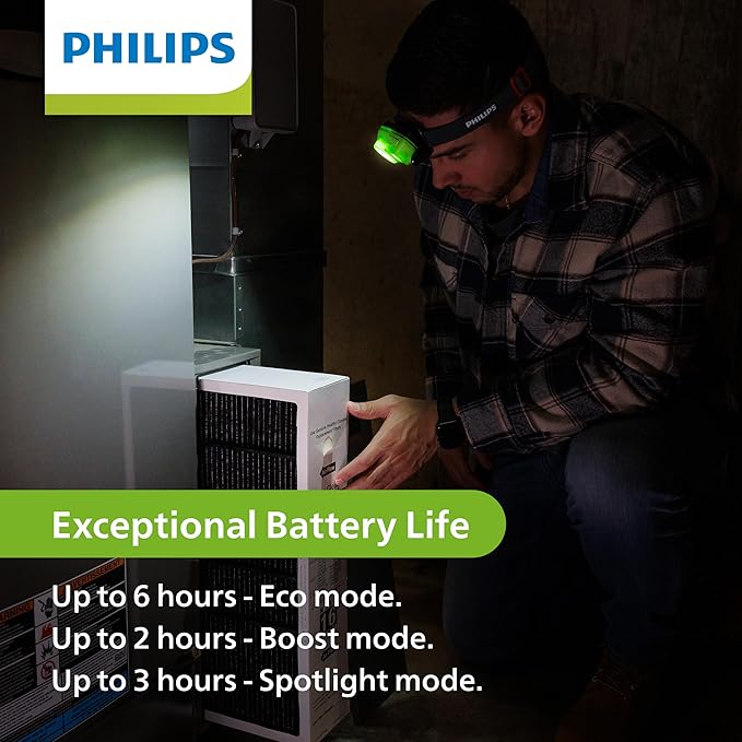 Philips Xperion 3000 LED Headlamp Work Light, 300 Lumen Professional Flashlight with Diffused Flood Light and Rotatable Spotlight for Mechanics, Running, Camping, Grilling, Outdoor Use