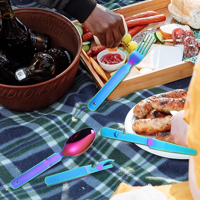 Camping Flatware Colorful Fork Spoon Knife Bottle Opener Silverware Outdoor Portable Cutlery Tactical Utensil Set 4 Pieces Foldable Durable Reusable Easy to Clean