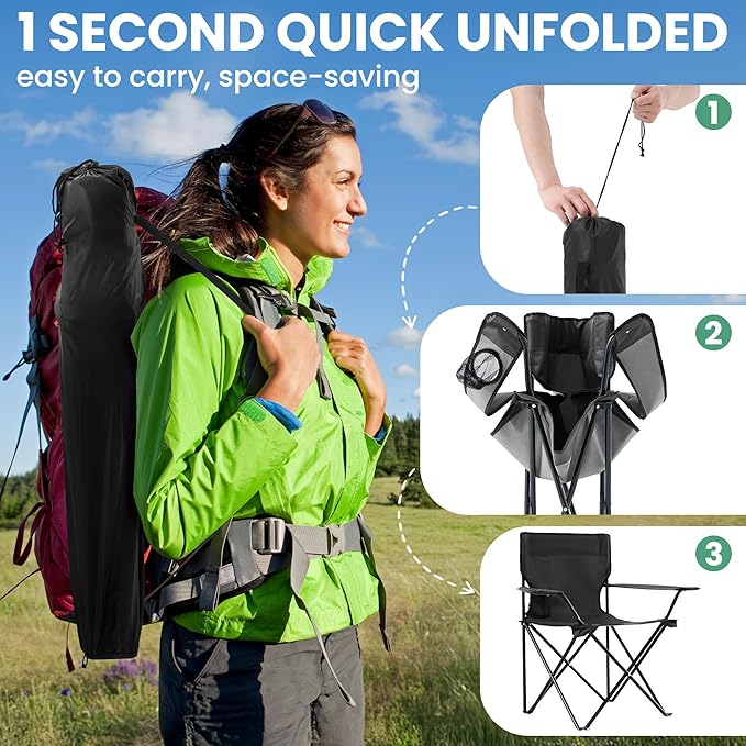 2 Pack Folding Camping Chairs for Adults,Foldable Portable Beach Chairs with Carry Bag & Cup Holder, Compact Design for Camping,Beach, Picnics,and Fishing Supports 300LBS（Dark Black）
