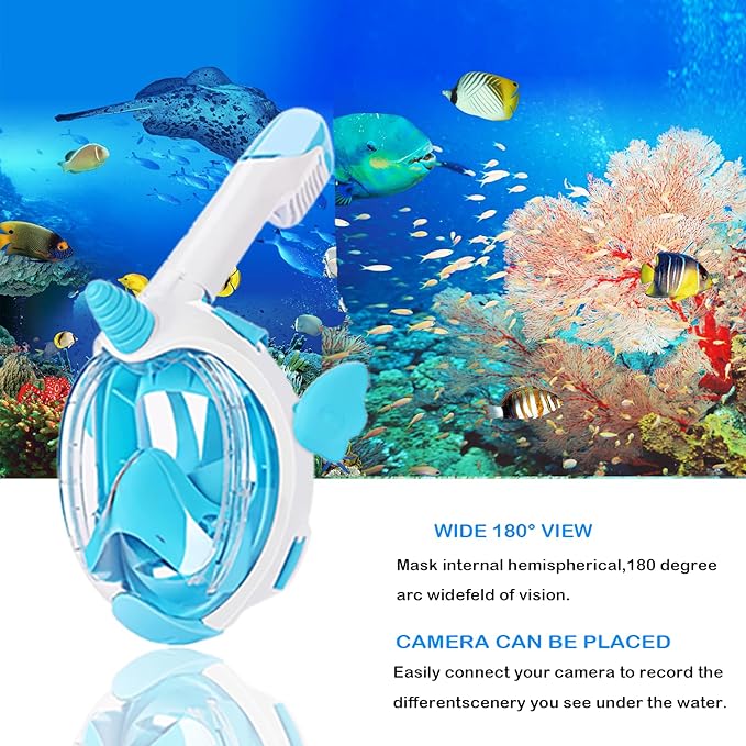 Kids Snorkel Mask, Full Face Snorkel Mask for Kids 4-16, 180 HD View Anti-Fog Anti-Leak Snorkel Mask for Kids Snorkel Set Snorkeling Gear for Kids