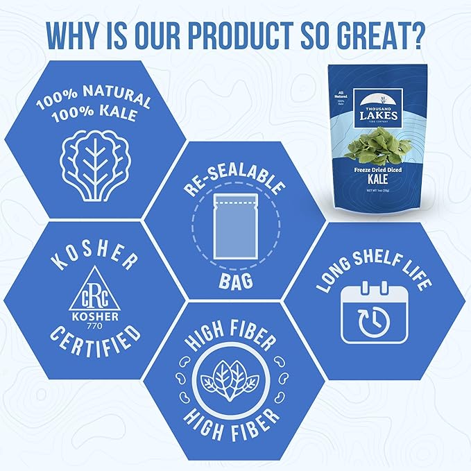 Thousand Lakes Freeze Dried Vegetables - Diced Kale 1 ounce | 100% Kale Flakes | No Salt Added