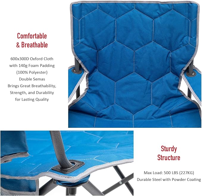 SUNNYFEEL Oversized Folding Camping Chair 500 LBS Heavy Duty Lawn Chairs with Blue Portable Folding with Armrest, Cup Holder, Pocket ＆Bag for Outdoor Camping/Beach/Travel/Picnic/Fishing