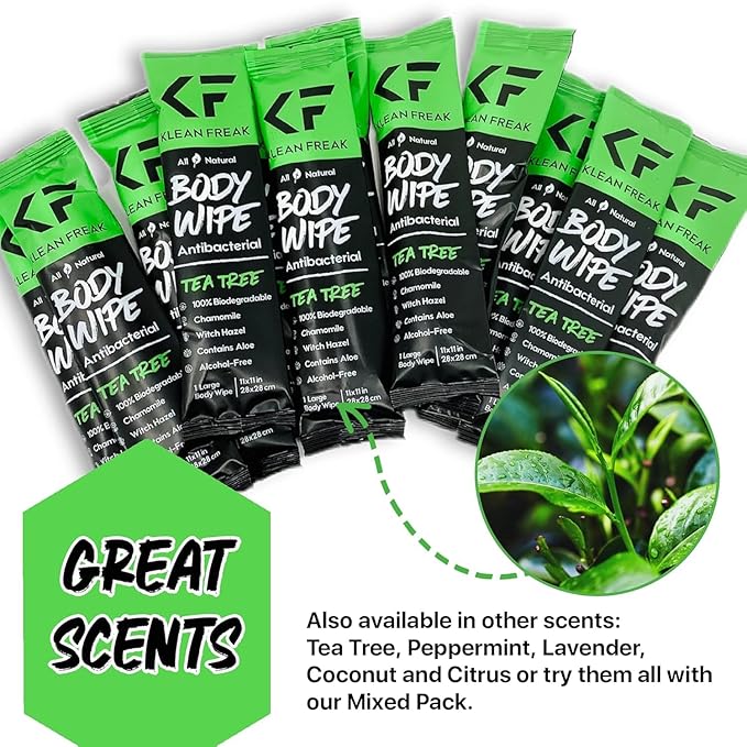 The Klean Freak Body Wipes - 12 count Individually Wrapped | Showerless Body Wipe for Women & Men | Sustainable Bodywipes for Gym, Travel, Camping | Tea-Tree
