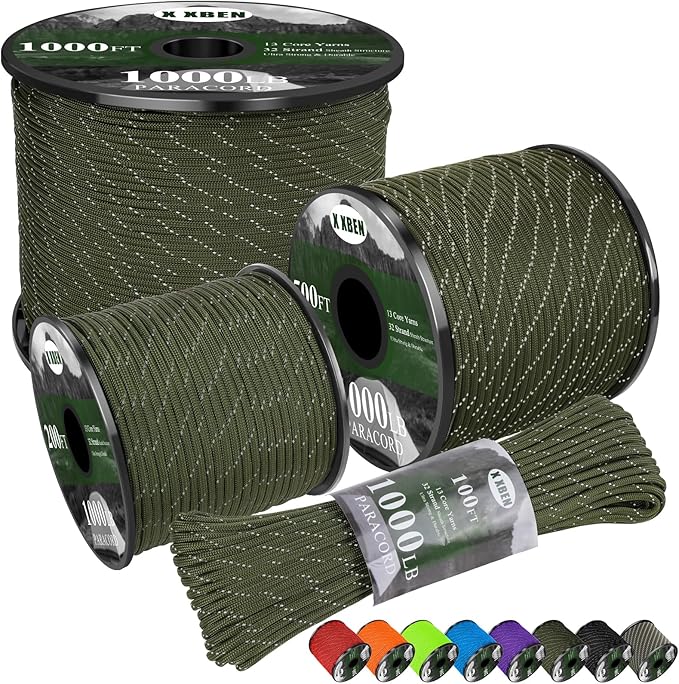X XBEN Paracord Reflective 1000lb, 50/100/200/500/1000ft 4mm, 13 Strand Paracord Rope, Tactical Parachute Cord for Camping, Fishing, Clothesline, Hammock, Tent & Survival Bracelet, Army Green