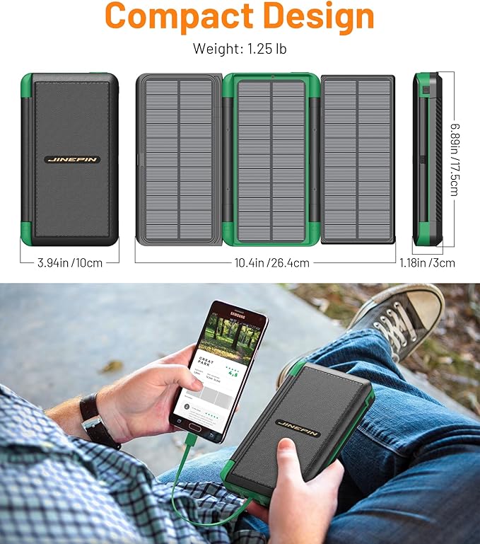Power Bank Solar Charger 46800mAh Built in 4 Cables 3 Foldable Solar Panels, PD20W Fast Charging Portable Charger, LED Display Powerbank USB C in/Output, External Battery Pack with SOS Camping Light