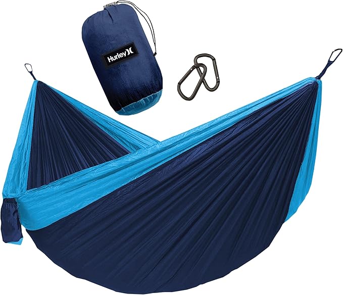 Hurley Duo Camping Hammock - 1 Person Portable Hammock for Camping, Heavy Duty with Parachute Nylon Fabric - Camping Accessories & Gear for Outdoor Activities - Holds Up to 400lbs, Nav Blu/Lake BL