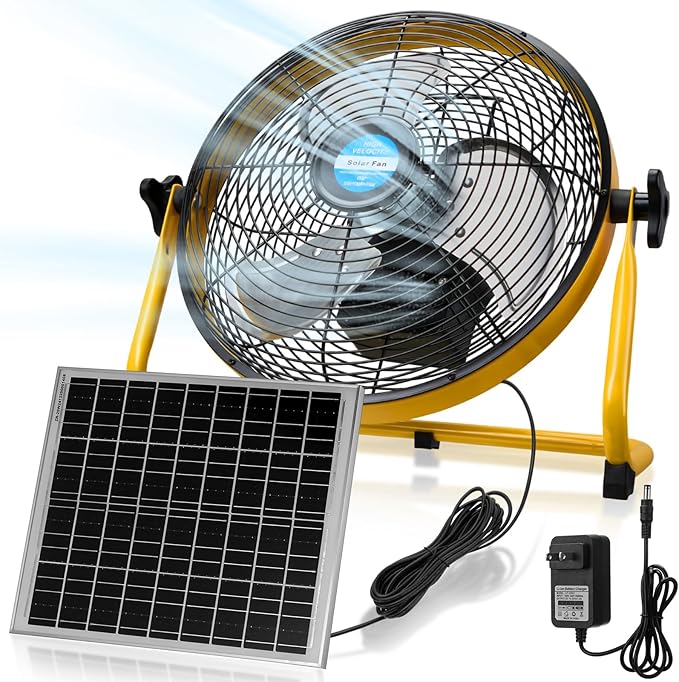 12 Inch Solar Panel Powered Fan, 2 in 1 Solar Panel or AC Charger Powered Fan 12W 9V Portable for Chicken Coop Greenhouse Household Exhaust Camping Travel Outdoor (Yellow)