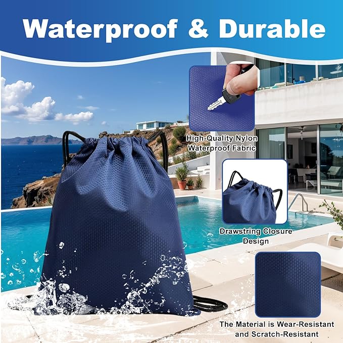 5-Pack Waterproof Drawstring Backpacks, Soccer-Texture Oxford Fabric, 16.9" × 13.8", Lightweight 0.20 lb Each, No Eyelets, Gym & Marathon Gear Sacks(Navy Blue)
