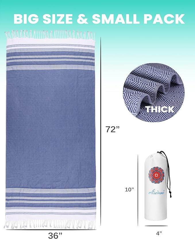 Antfuny 2 Pack Turkish Beach Towels Vacation Essentials Quick Dry Sand Free Soft Extra Large XL Blanket Adult Bath Pool Swim Towel Lightweight Thin Sandless Fast Drying No Sand Packable Foldable Blue