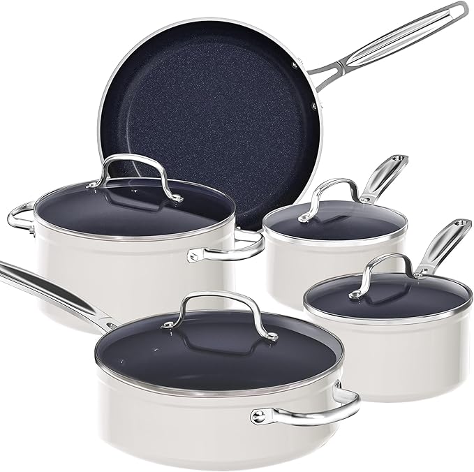 Nuwave 9pc Cookware Set Healthy Duralon Blue Ceramic Nonstick Coated, Diamond Infused Scratch-Resistant, PFAS Free, Oven Safe, Induction Ready & Evenly Heats, Tempered Glass Lids & Stay-Cool Handle