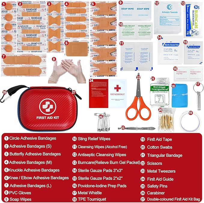 Small First Aid Kit - 185 Pieces Waterproof Emergency Kit for Home, Car, Office, Travel, Camping, Hiking & Outdoor - Portable Hard Case Survival Kit with Premium Supplies(Blue/Red)